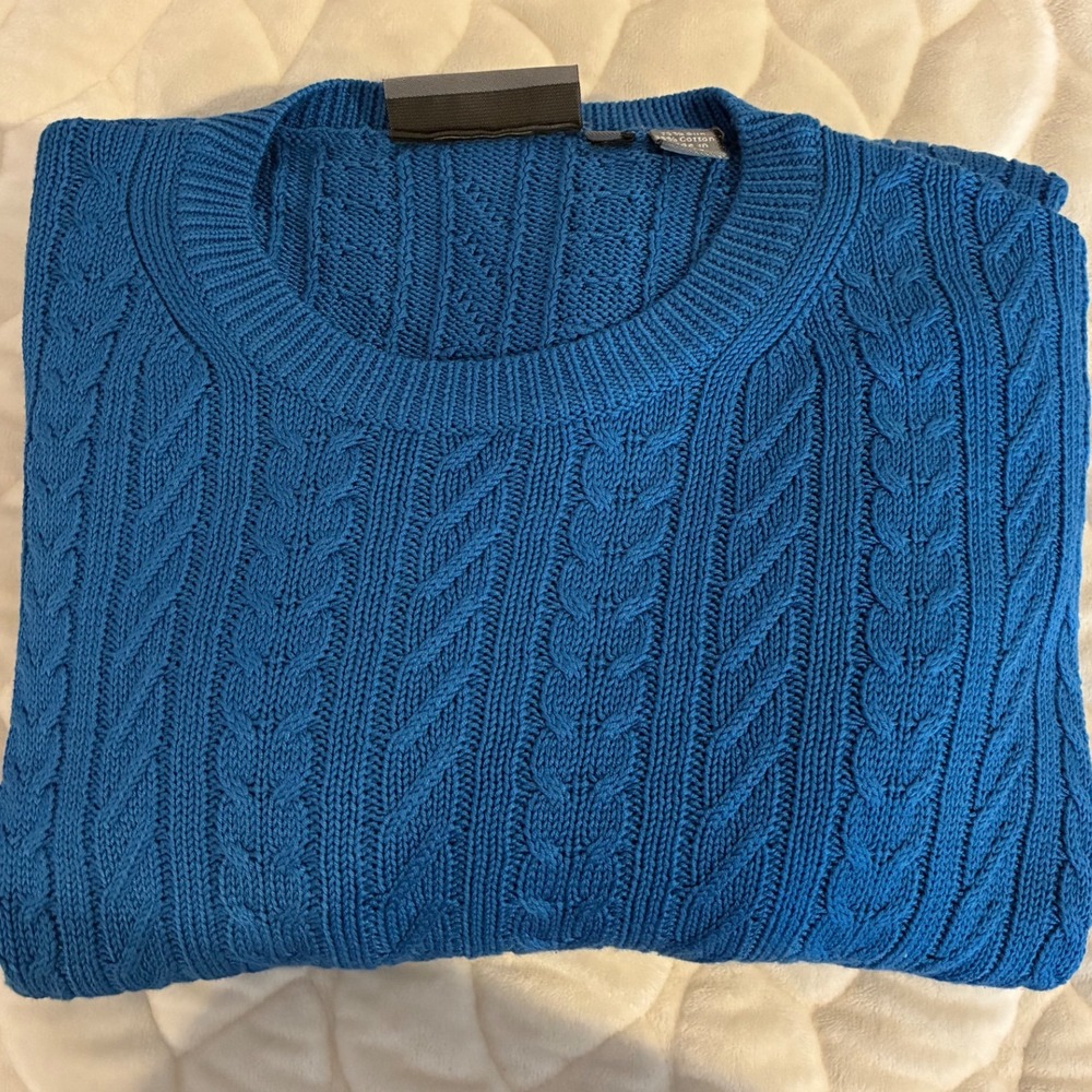 Hickey Freeman Silk Blend Cable Knit Sweater Blue Crew Neck Mens Size L
